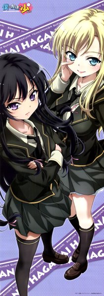 Anime picture 2130x6045 with boku wa tomodachi ga sukunai kashiwazaki sena mikazuki yozora long hair tall image highres blue eyes black hair blonde hair purple eyes multiple girls girl thighhighs uniform black thighhighs 2 girls school uniform socks black socks