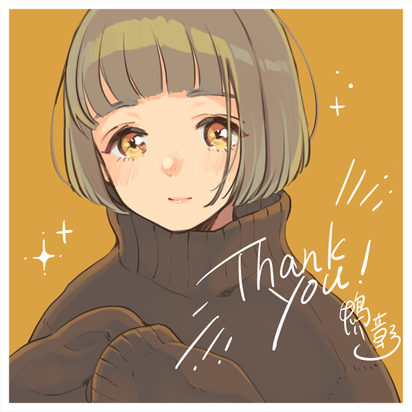 Anime picture 900x900 with original kamogawa akira single looking at viewer blush short hair simple background brown hair yellow eyes upper body text border english yellow background thank you girl sweater turtleneck