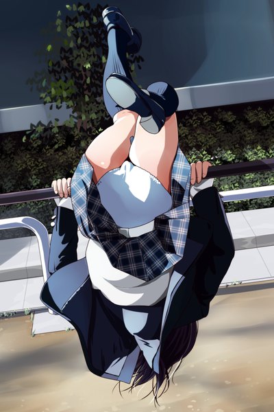 Anime picture 800x1200 with original matsunaga kouyou single tall image short hair light erotic black hair girl skirt underwear panties miniskirt socks black socks white panties