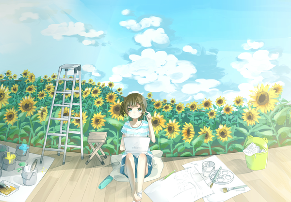 Anime picture 2140x1494 with original pixiv girls collection 2012 riia single looking at viewer fringe highres short hair brown hair sitting brown eyes sky cloud (clouds) field girl hair ornament flower (flowers) shorts headphones bobby pin