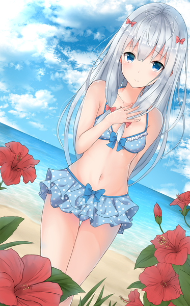 Anime picture 1246x2000 with eromanga sensei a-1 pictures izumi sagiri yuzuzukushi single long hair tall image looking at viewer blush fringe breasts blue eyes light erotic hair between eyes standing bare shoulders payot sky silver hair cloud (clouds)