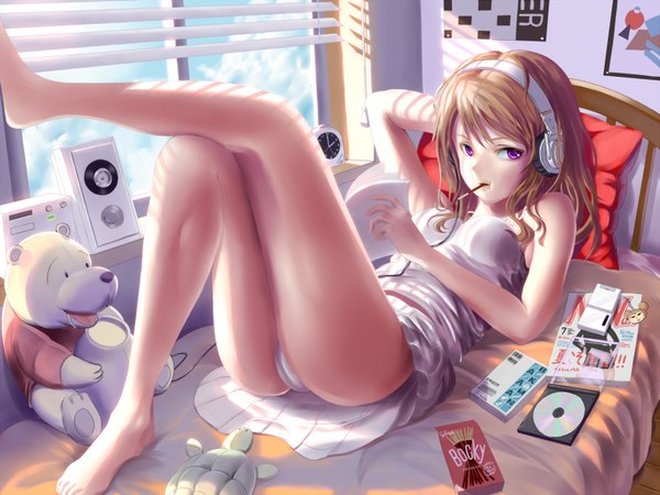 Anime picture 1600x1200 with winnie the pooh pooh saku long hair looking at viewer short hair light erotic brown hair purple eyes bare shoulders looking away ass lying barefoot pantyshot legs crossed legs cameltoe hand on head brand name imitation