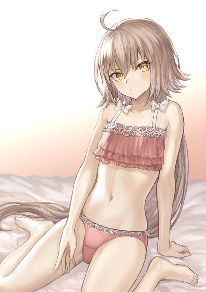 Anime picture 1302x1842 with fate (series) fate/grand order jeanne d'arc (fate) (all) jeanne d'arc alter santa lily (fate) mashuu (neko no oyashiro) single tall image looking at viewer blush fringe light erotic simple background hair between eyes sitting bare shoulders yellow eyes silver hair ahoge very long hair barefoot