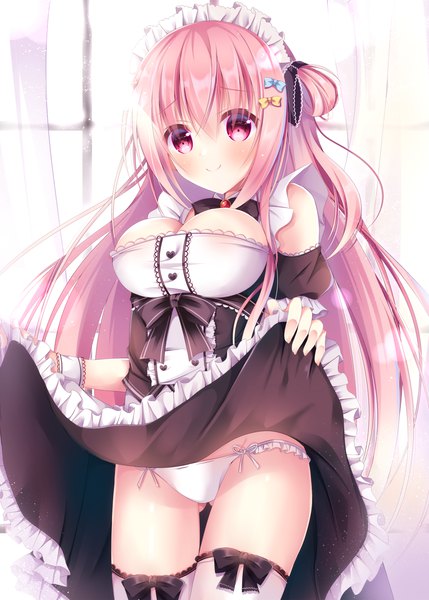 Anime picture 900x1258 with original mizuse sakua single long hair tall image blush fringe breasts light erotic smile hair between eyes large breasts pink hair pink eyes maid one side up ass visible through thighs dress lift girl thighhighs
