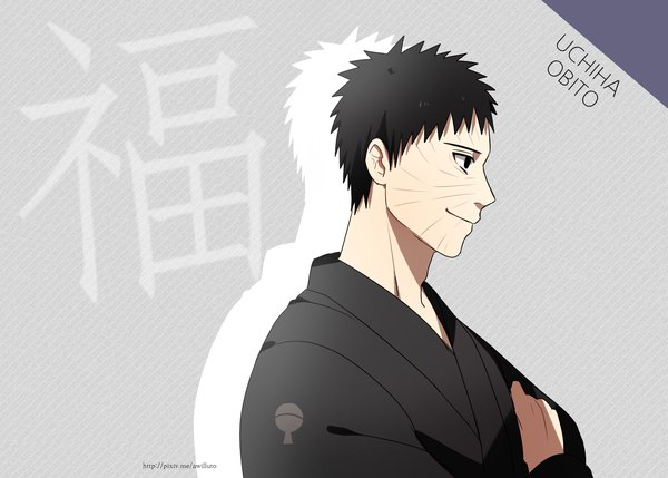 Anime picture 1538x1100 with naruto studio pierrot naruto (series) uchiha obito ahri (will) single simple background signed upper body grey background character names hieroglyph akatsuki