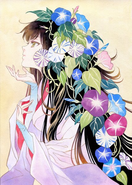 Anime picture 1071x1500 with original agahari single long hair tall image fringe black hair simple background green eyes looking away traditional clothes japanese clothes profile hair flower yellow background traditional media watercolor (medium) girl flower (flowers) plant (plants)