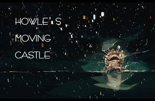 Anime picture 1206x788 with howl's moving castle studio ghibli inscription black background dark background smoke water building (buildings)