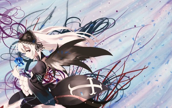 Anime picture 1680x1050 with rozen maiden suigintou long hair highres wide image white hair gothic flower (flowers) wings