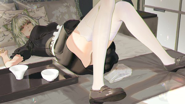 Anime picture 3840x2160 with arknights kal'tsit (arknights) eleaaa single looking at viewer fringe highres short hair breasts light erotic wide image large breasts green eyes animal ears absurdres full body bent knee (knees) ass indoors lying