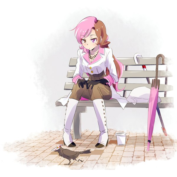 Anime picture 1801x1800 with rwby rooster teeth neopolitan (rwby) grimm iesupa single long hair highres brown hair sitting brown eyes pink hair full body pink eyes multicolored hair two-tone hair heterochromia looking down hand on knee closed umbrella