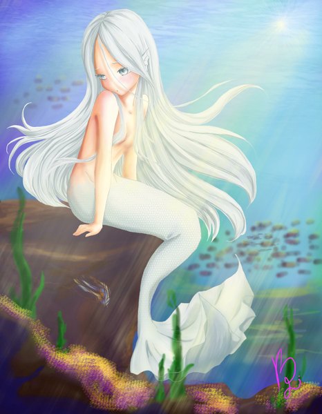 Anime picture 1400x1800 with original kimik-a single long hair tall image blush breasts light erotic looking away silver hair tail silver eyes hair over breasts fish tail girl mermaid