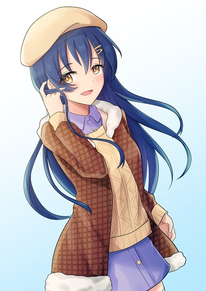 Anime picture 2099x2964 with love live! school idol project love live! school idol festival sunrise (studio) love live! sonoda umi yu cha single long hair tall image fringe highres open mouth simple background hair between eyes yellow eyes blue hair open jacket gradient background adjusting hair girl