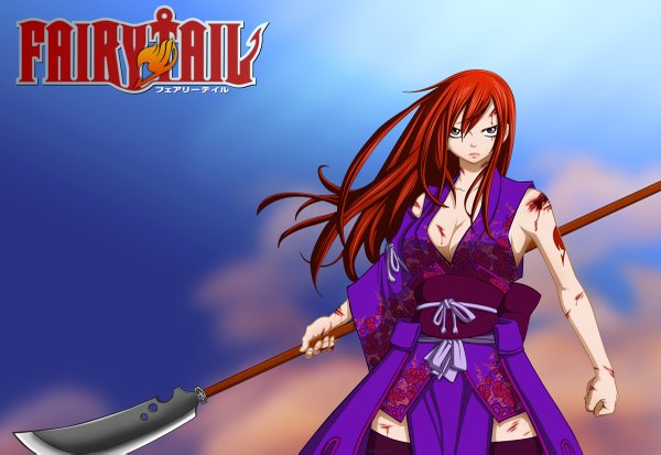 Anime picture 1200x827 with fairy tail erza scarlet natilokijung single long hair light erotic simple background brown eyes red hair japanese clothes inscription tattoo copyright name coloring smoke girl weapon belt kimono blood