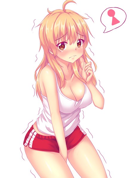 Anime picture 1200x1600 with original tiffy nottytiffy single long hair tall image looking at viewer blush fringe breasts light erotic blonde hair simple background hair between eyes red eyes large breasts white background cleavage ahoge embarrassed