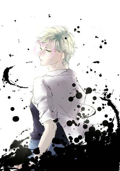 Anime picture 600x852 with miraculous ladybug adrien agreste single tall image short hair blonde hair simple background white background green eyes looking back lips boy mask
