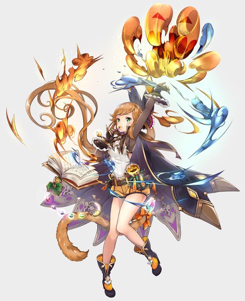 Anime picture 1550x1900 with granblue fantasy clarisse (granblue fantasy) pilokey single tall image blush fringe simple background brown hair holding green eyes looking away full body ponytail tail very long hair arm up floating hair magic facial mark