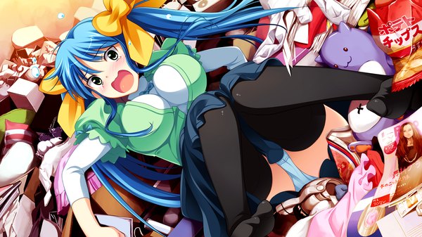 Anime picture 1280x720 with asa project ren'ai 0 kilometer kinomoto mayo hiiragi akeo (artist) long hair blush open mouth light erotic wide image twintails green eyes blue hair game cg pantyshot girl thighhighs black thighhighs