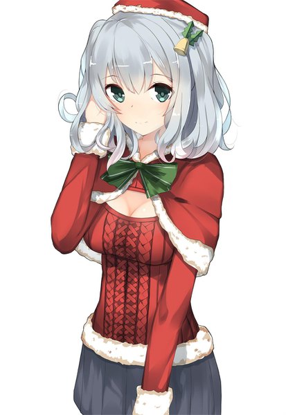 Anime picture 934x1357 with kantai collection kashima training cruiser gin00 single tall image looking at viewer blush fringe short hair blue eyes simple background smile hair between eyes white background silver hair upper body pleated skirt adjusting hair hair bell girl