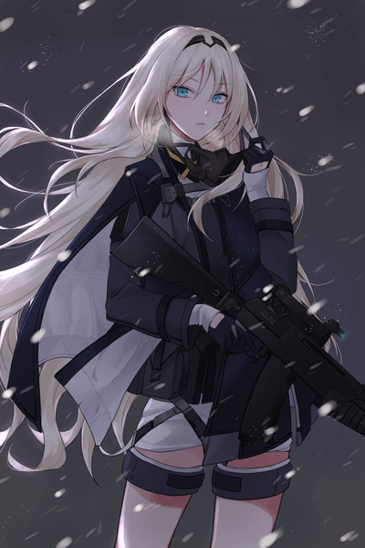 Anime picture 992x1488 with girls frontline an-94 (girls frontline) qb 516 single long hair tall image looking at viewer fringe blue eyes simple background blonde hair hair between eyes standing holding wind grey background sleeves past wrists snowing trigger discipline girl