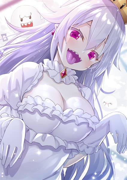 Anime picture 848x1200 with super mario bros. new super mario bros. u deluxe princess king boo boo (mario) yano mitsuki single long hair tall image blush fringe breasts open mouth light erotic hair between eyes large breasts cleavage silver hair upper body pink eyes teeth