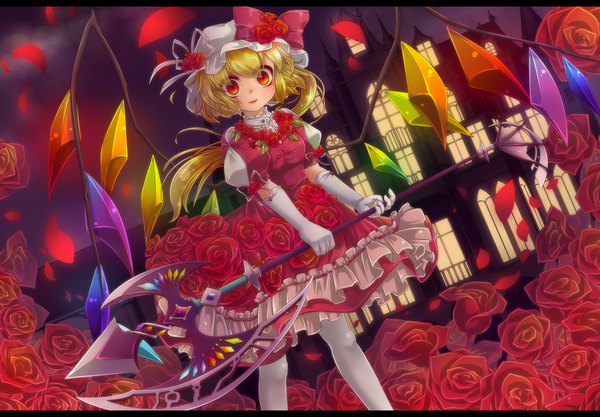 Anime picture 2300x1600 with touhou flandre scarlet kakiikada single long hair looking at viewer highres short hair blonde hair red eyes parted lips night short sleeves dutch angle puffy sleeves one side up letterboxed frilly skirt adapted costume girl