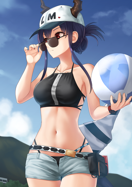 Anime picture 1771x2508 with arknights ch'en (arknights) female tourist c (arknights) kurisu-kun single tall image fringe highres short hair light erotic hair between eyes red eyes standing holding payot blue hair looking away sky cloud (clouds) outdoors