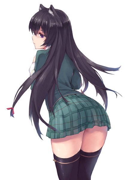 Anime picture 675x947 with boku wa tomodachi ga sukunai mikazuki yozora nightmaremk2 long hair tall image looking at viewer fringe light erotic black hair simple background standing white background purple eyes animal ears pleated skirt looking back from behind cat ears leaning leaning forward