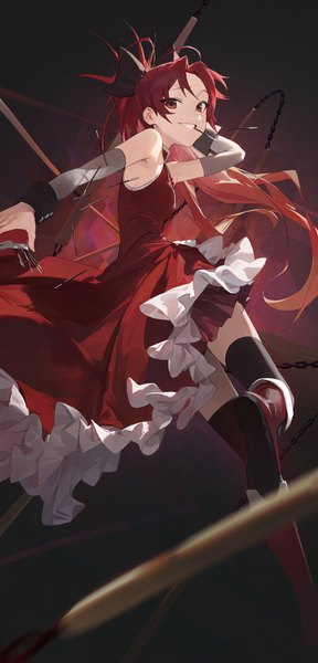 Anime picture 2976x6205 with mahou shoujo madoka magica shaft (studio) sakura kyouko modare single long hair tall image looking at viewer fringe highres smile holding brown eyes red hair arm up blurry grin turning head dark background arm behind head