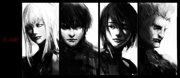 Anime picture 2550x1110 with blame! killy cibo sanakan dhomochevsky (blame) ai (pixiv 53282) long hair highres short hair black hair simple background wide image white hair monochrome group girl boy