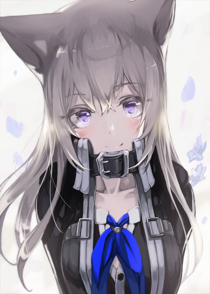 Anime picture 1942x2717 with original mikisai single long hair tall image looking at viewer blush fringe highres blue eyes simple background hair between eyes animal ears upper body light smile grey hair hands behind back girl jacket collar