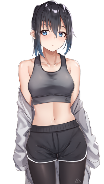 Anime picture 954x1684 with original adidas tapioka (oekakitapioka) single tall image looking at viewer blush fringe short hair breasts blue eyes black hair simple background hair between eyes standing white background bare shoulders long sleeves off shoulder mole