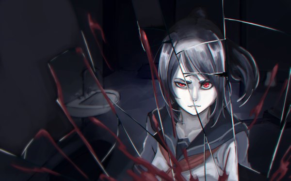 Anime picture 2829x1768 with yandere simulator yandere-chan shyua single long hair looking at viewer fringe highres black hair red eyes wide image standing ponytail indoors light smile dark background white skin broken glass crazy eyes yandere