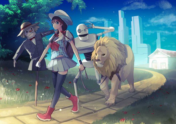 Anime picture 4093x2894 with the wizard of oz dorothy tin man scarecrow (the wizard of oz) lion (the wizard of oz) tsukun112 long hair looking at viewer highres blue eyes brown hair absurdres braid (braids) twin braids walking meadow girl thighhighs skirt black thighhighs