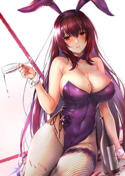 Anime picture 4280x6000 with fate (series) fate/grand order scathach (fate) (all) scathach (fate) scathach (piercing bunny) (fate) rei kun single tall image looking at viewer blush fringe highres breasts light erotic simple background hair between eyes red eyes large breasts white background sitting