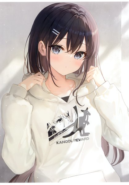 Anime picture 2419x3470 with original fuumi (radial engine) single long hair tall image looking at viewer blush fringe highres black hair hair between eyes upper body long sleeves scan arms up grey eyes letterboxed clothes writing girl hood