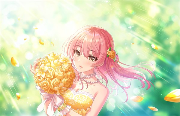 Anime picture 1280x824 with idolmaster idolmaster cinderella girls idolmaster cinderella girls starlight stage jougasaki mika annindoufu (oicon) single long hair blush fringe open mouth hair between eyes bare shoulders holding brown eyes looking away pink hair upper body hair flower wind sunlight