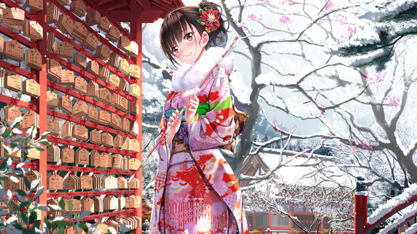 Anime picture 1920x1080 with original swordsouls single long hair looking at viewer blush fringe highres smile brown hair wide image standing brown eyes outdoors traditional clothes head tilt japanese clothes hair flower fur trim winter