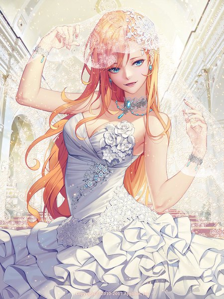 Anime picture 1500x2000 with soo kyung oh single long hair tall image fringe breasts blue eyes looking away nail polish arm up fingernails light smile orange hair sleeveless pink nail polish girl dress earrings bracelet white dress