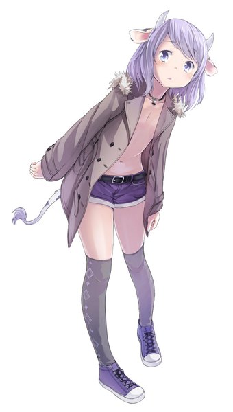 Anime picture 626x1103 with original ell single tall image blush short hair light erotic simple background white background purple eyes animal ears purple hair tail animal tail horn (horns) open clothes open jacket thighhighs boy navel