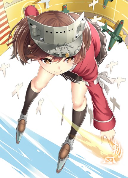 Anime picture 1000x1390 with kantai collection ryuujou light aircraft carrier kase daiki single tall image short hair smile brown hair twintails brown eyes pleated skirt from above magic short twintails girl skirt hair ornament socks black socks knee socks