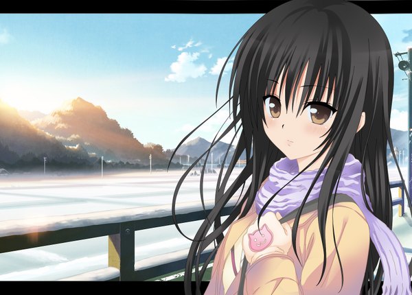 Anime picture 1676x1202 with toloveru xebec kotegawa yui single long hair highres black hair brown eyes sunlight winter girl gloves scarf