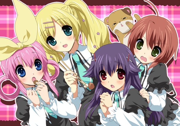 Anime picture 1430x1000 with tantei opera milky holmes sherlock shellingford hercule barton yuzurizaki nero cordelia glauca nekoiro (artist) blush open mouth blue eyes blonde hair red eyes brown hair multiple girls green eyes pink hair purple hair loli group girl animal