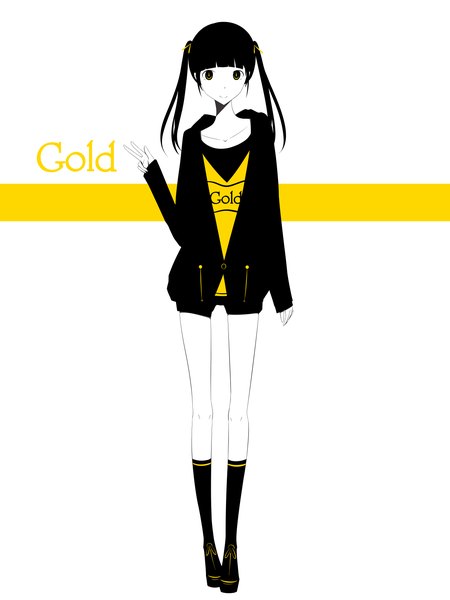 Anime picture 1125x1500 with original haru@ single long hair tall image black hair simple background smile white background twintails yellow eyes inscription white skin girl socks black socks short shorts sweater t-shirt