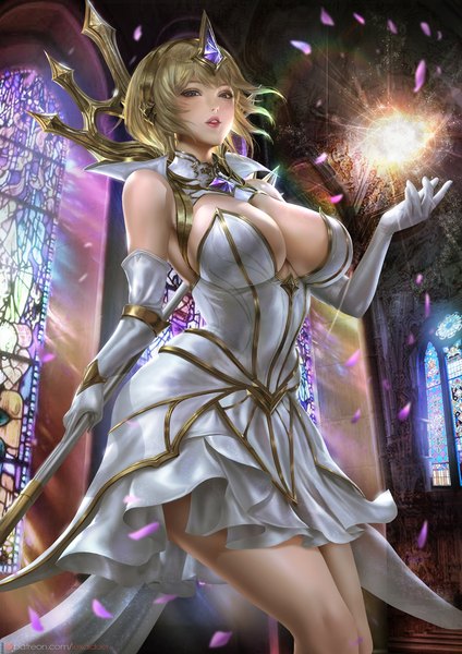 Anime picture 2400x3395 with league of legends lux (league of legends) elementalist lux light elementalist lux lexaiduer single tall image looking at viewer blush fringe highres short hair breasts blue eyes light erotic blonde hair large breasts standing holding signed