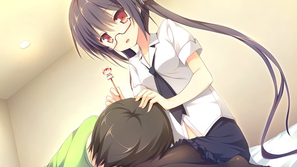 Anime picture 1280x720 with clover day's long hair short hair open mouth black hair red eyes wide image twintails game cg couple girl boy shirt glasses necktie mimikaki