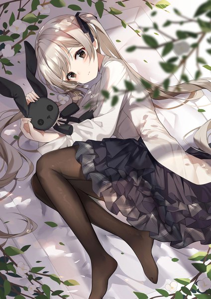 Anime picture 1157x1637 with yosuga no sora kasugano sora kikistark single tall image looking at viewer blush fringe twintails holding brown eyes payot silver hair full body bent knee (knees) lying very long hair from above no shoes on side
