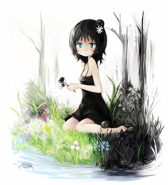 Anime picture 1636x1800 with original yami shoujo morina nao tall image looking at viewer short hair blue eyes black hair sitting loli wariza girl flower (flowers) plant (plants) grass sundress