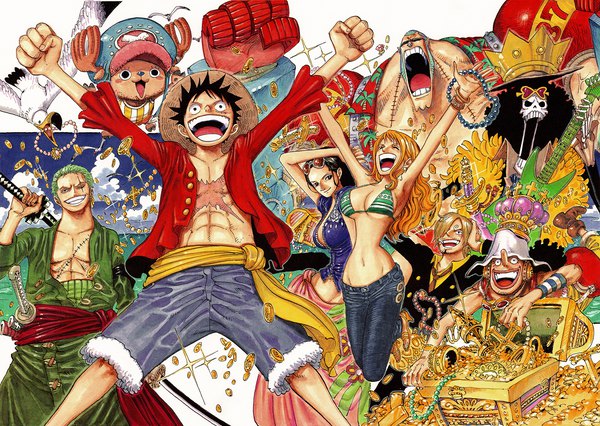 Anime picture 1650x1173 with one piece toei animation nami (one piece) monkey d. luffy nico robin roronoa zoro sanji tony tony chopper usopp franky brook (one piece) oda eiichirou long hair looking at viewer fringe short hair breasts open mouth black hair blonde hair