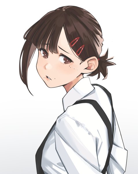 Anime picture 3067x3859 with chainsaw man mappa higashiyama kobeni lewdrawings single tall image looking at viewer highres short hair simple background brown hair white background brown eyes absurdres upper body mole mole under eye low ponytail mole under mouth girl