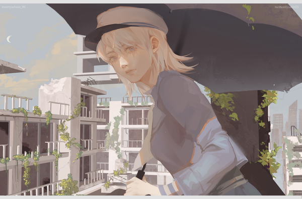 Anime-Bild 3307x2182 mit vocaloid ama no jaku (vocaloid) gumi jack amano yue (yuehh23) single looking at viewer highres short hair absurdres sky upper body white hair letterboxed white eyes girl plant (plants) hat building (buildings) umbrella
